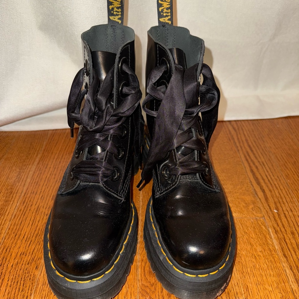 Dr. Martens Black Leather Combat Boots with Yellow Stitching